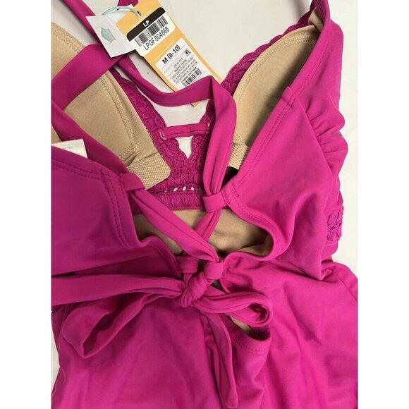 Women's Crochet Shell Detail Lace Up One Piece Swimsuit Kona Sol Pink Med 8-10💕 - Picture 5 of 5